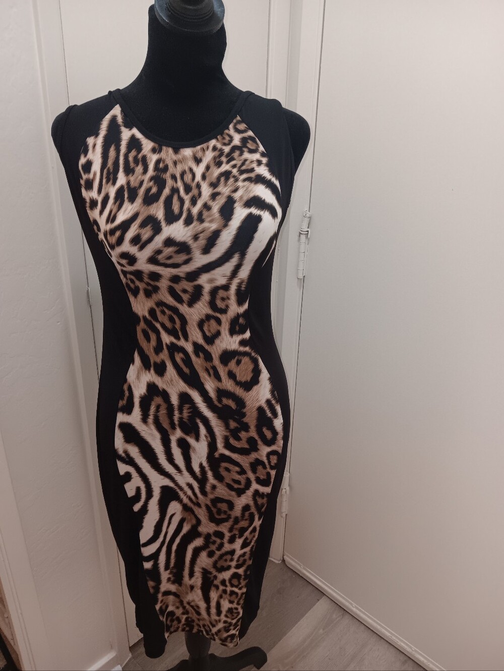 a'gaci Black Dress with Leopard-Print Panel